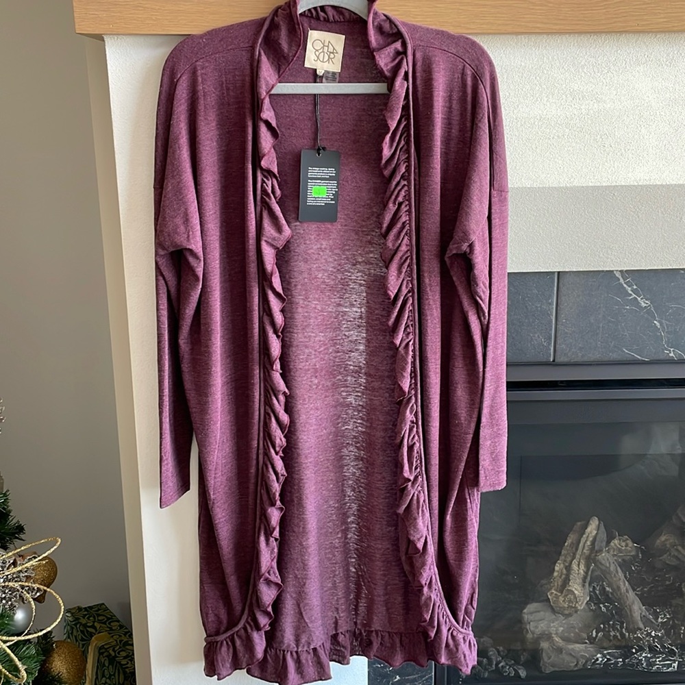 Chaser Ruffle Trim Long Open Cardigan New With Tags!